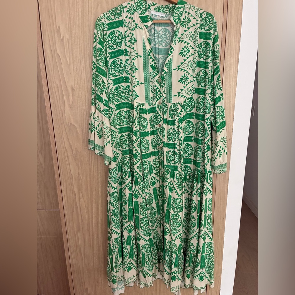 Green and Cream Patterned Women's Dress